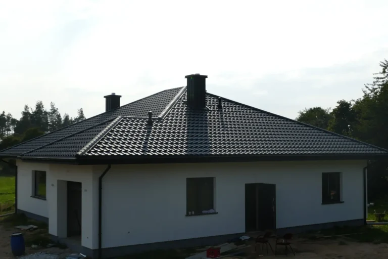 Ciemny dach kopertowy domu widziany zza ogrodzenia