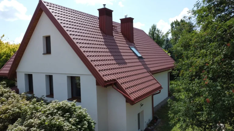 Dom z wysokim czerwonym dachem i kominami