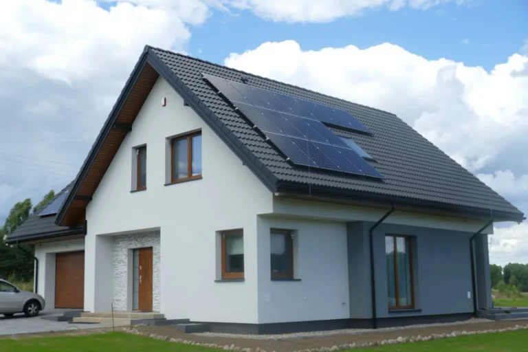 Dach dwuspadowy z kominem i oknami połaciowymi