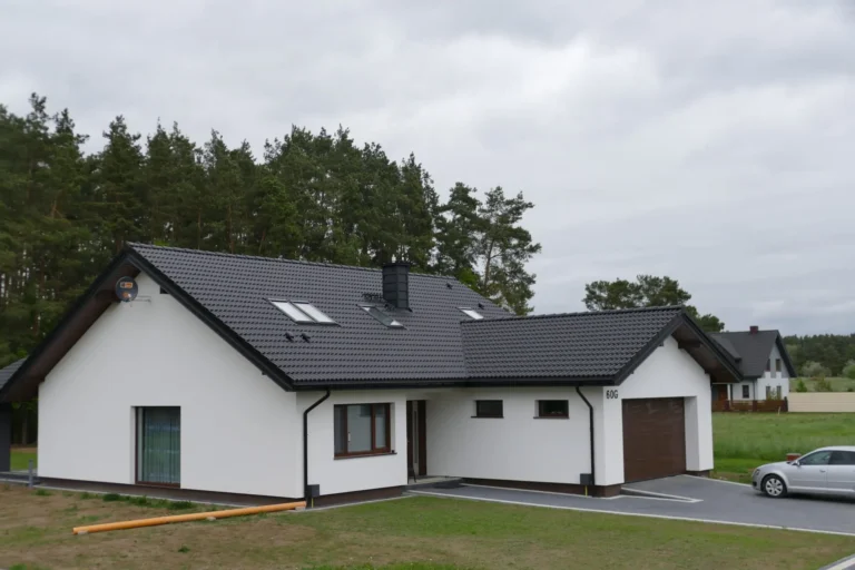 Ciemny dach nad jasnym domem i garażem