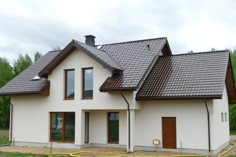 Ciemny dach domu z garażem i drewnianymi detalami